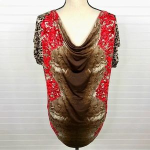 JM Collection Liquid Knit Tunic Top Shirt SZ L Cap Sleeve Stretch Animal Print